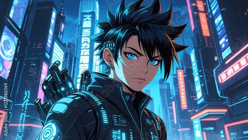 A futuristic cyberpunk techie with exagger.

