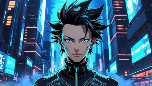A futuristic cyberpunk techie with exagger.

