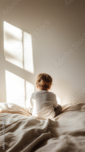 Cozy toddler resting peacefully on a bed as sunlight filters through a window in a serene room. Generative AI
