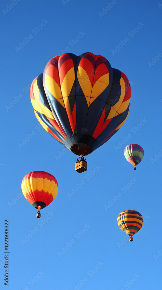 Fototapeta premium A group of hot air balloons rising into a clear blue sky.