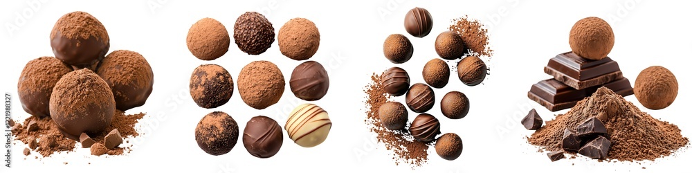 Gourmet Food isolated collection. Assorted chocolate truffles and shavings arranged artistically on a white background, showcasing rich textures and delectable appeal.
