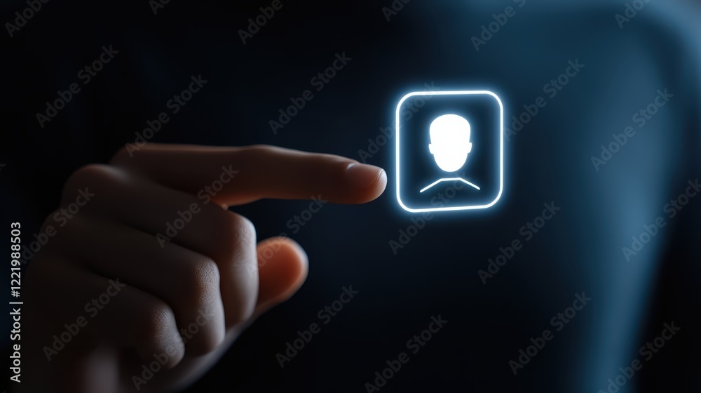 Closeup of finger activating futuristic digital interface button 