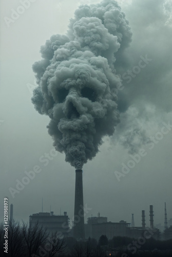 Pollution from factory forms the shape of a skull 