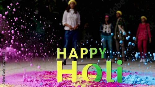 Joyful Holi Celebration with Bright Powder (Gulal) Burst. Vibrant Color Explosion Revealing 'Happy Holi' Text in Festive Scene