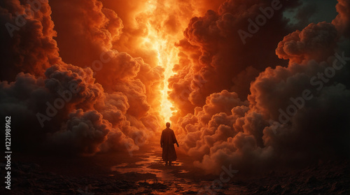 Person walking  surrounded with smoke and fire