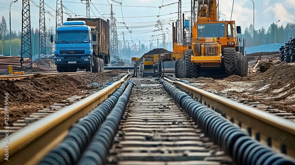 A photo of the construction site with an electric cable plant, which is laying industrial cables along train tracks. A photo of the construction site with an electric cable plant, which is laying industrial cables along train tracks.