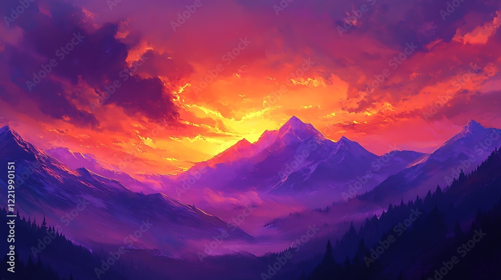 Vibrant sunset over majestic mountains, misty valley, serene landscape, perfect for travel brochures Vibrant sunset over majestic mountains, misty valley, serene landscape, perfect for travel brochures