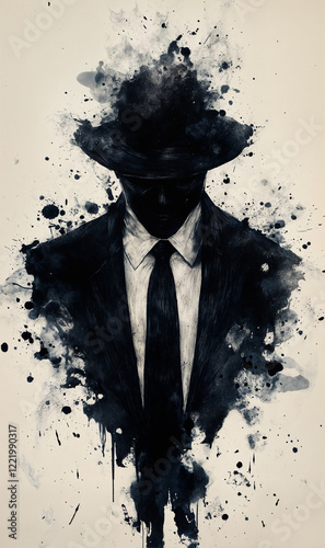 Grunge style ink illustration of man in hate