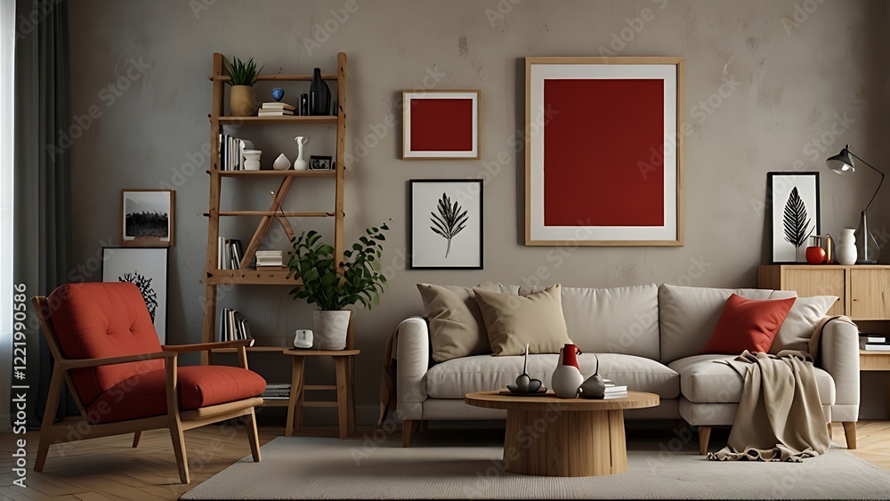 A large blue couch sits in front of a white wall with a large picture frame. The couch is surrounded by potted plants, including a tall one in the corner. The room has a modern and minimalist feel A large blue couch sits in front of a white wall with a large picture frame. The couch is surrounded by potted plants, including a tall one in the corner. The room has a modern and minimalist feel
