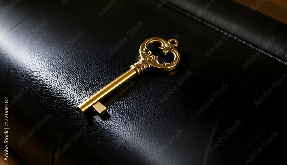 A single golden key with an ornate design, lying on a black leather surface, intricate details,