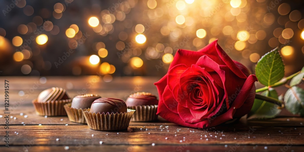 Romantic chocolates and a single red rose on a wooden surface with warm bokeh lights in the background Romantic chocolates and a single red rose on a wooden surface with warm bokeh lights in the background