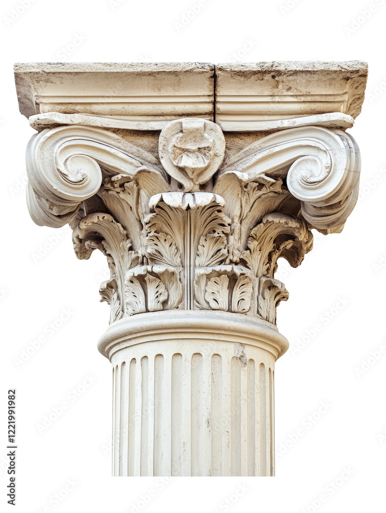 Obraz premium A detailed close-up of a weathered Corinthian column capital and shaft showcasing intricate carvings and classical design elements.