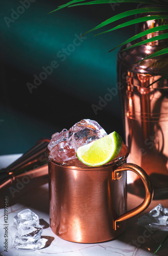 London mule alcoholic cocktail drink with gin, lime juice and ice. Green background, hard light and shadows