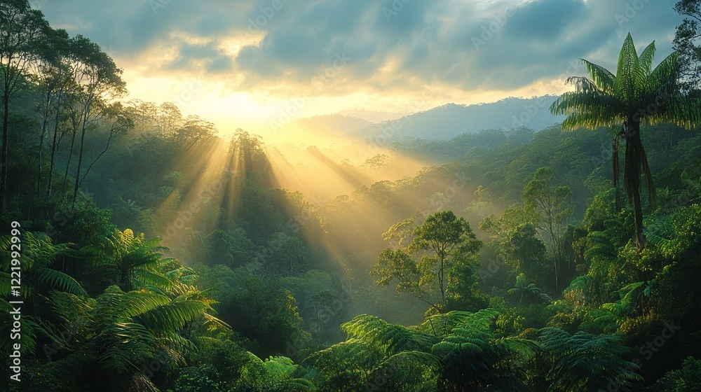 Sunbeams pierce through lush rainforest canopy creating a stunning atmospheric scene at dawn or dusk