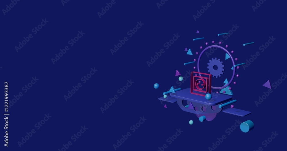 Naklejka premium Pink power socket symbol on a pedestal of abstract geometric shapes floating in the air. Abstract concept art with flying shapes on the right. 3d illustration on indigo background