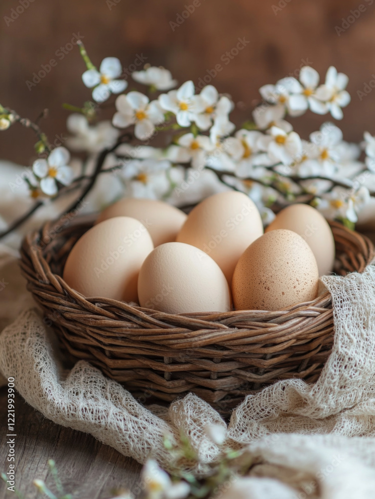 brown easter eggs in a brown basket, everything in the photo is beige and cute brown easter eggs in a brown basket, everything in the photo is beige and cute