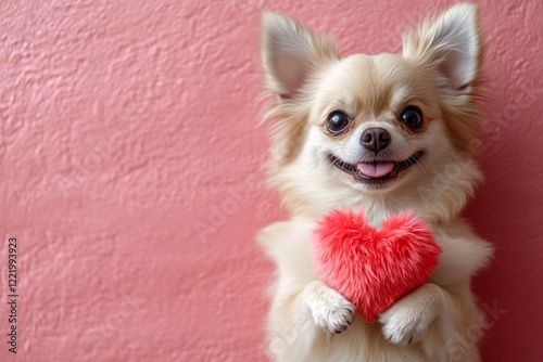 Promotion conceptual art. Cute dog with fluffy red heart - sign of love, funny greeting card. - my cherished dog. Valentine's pet themes. Romantic pets. Heart and paw prints. Dog and heart. photo