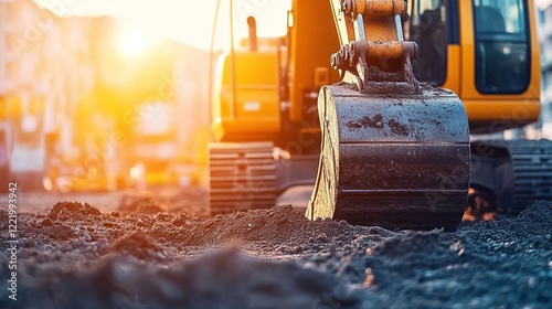 A close-up shot of an excavator working in the ground, with dirt flying around and construction equipment visible in the background.