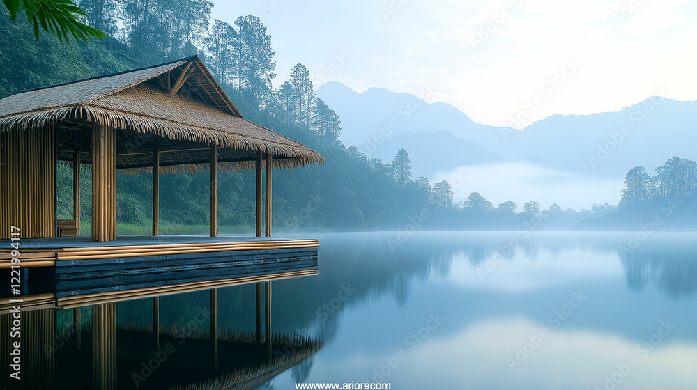 Obraz premium Serene lakeside pavilion surrounded by misty mountains at dawn in nature. Generative AI