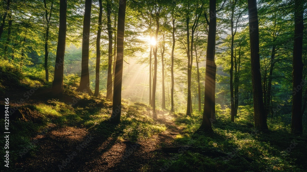 Obraz premium Sunlit forest path, morning mist, hillside trees, nature scene, calm backdrop