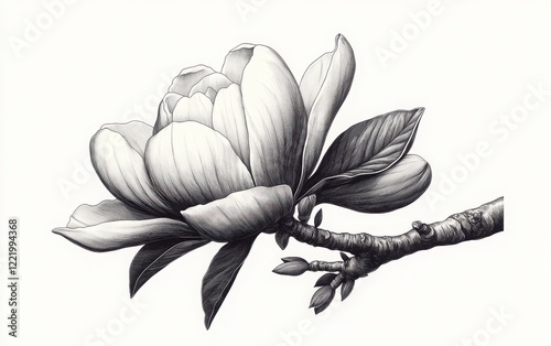 A monochrome vector illustration of a magnolia flower with delicately layered petals and a winding branch, drawn in a vintage wood engraving style using pen and ink