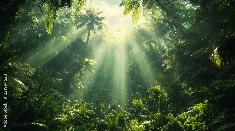Fototapeta premium Sunlight Filtering Through Lush Green Rainforest Canopy Creating a Mystical Atmosphere