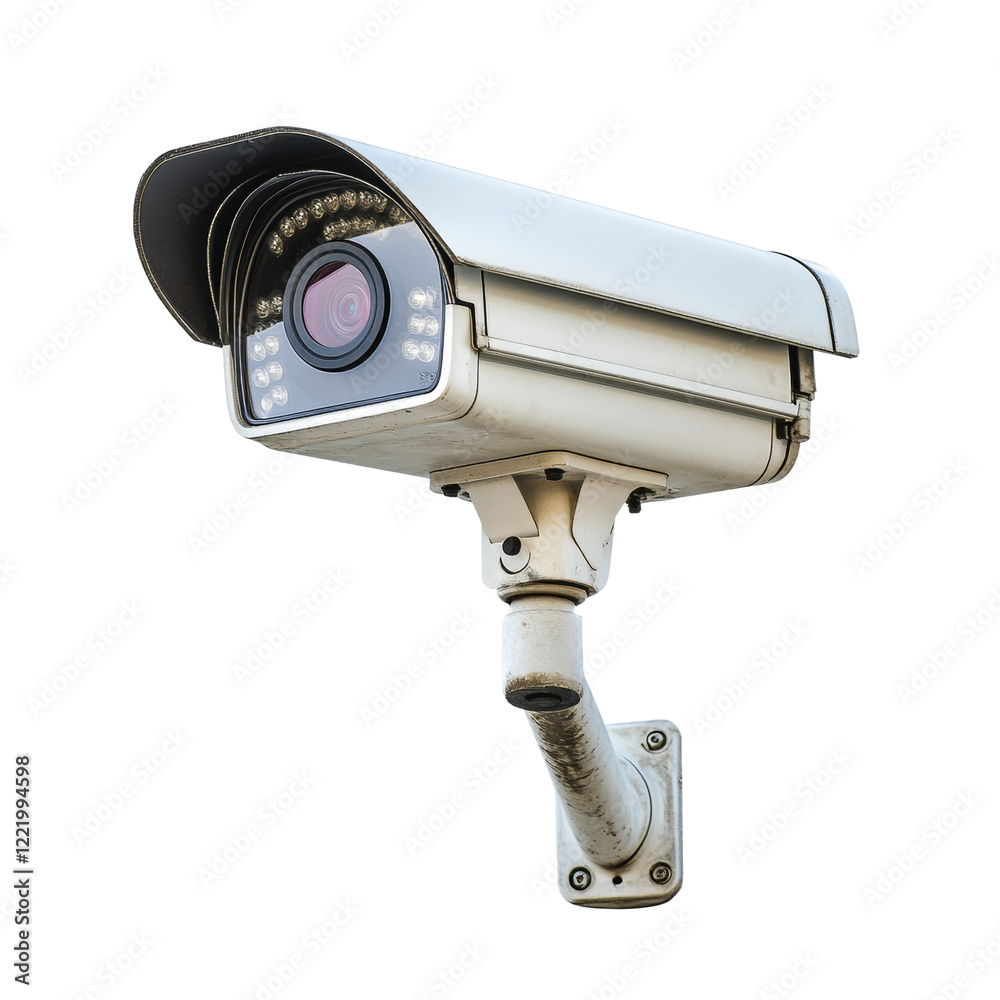 The image shows a slightly weathered outdoor security camera mounted on a wall. It is designed for night vision and surveillance. The image shows a slightly weathered outdoor security camera mounted on a wall. It is designed for night vision and surveillance.
