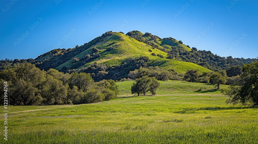 Naklejka premium Sunny spring meadow, rolling hills, clear sky, pastoral landscape, travel brochure