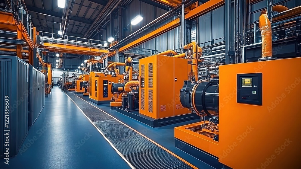 Obraz premium A photograph of a modern, high-tech commercial power plant with large industrial machines in an orange color scheme.