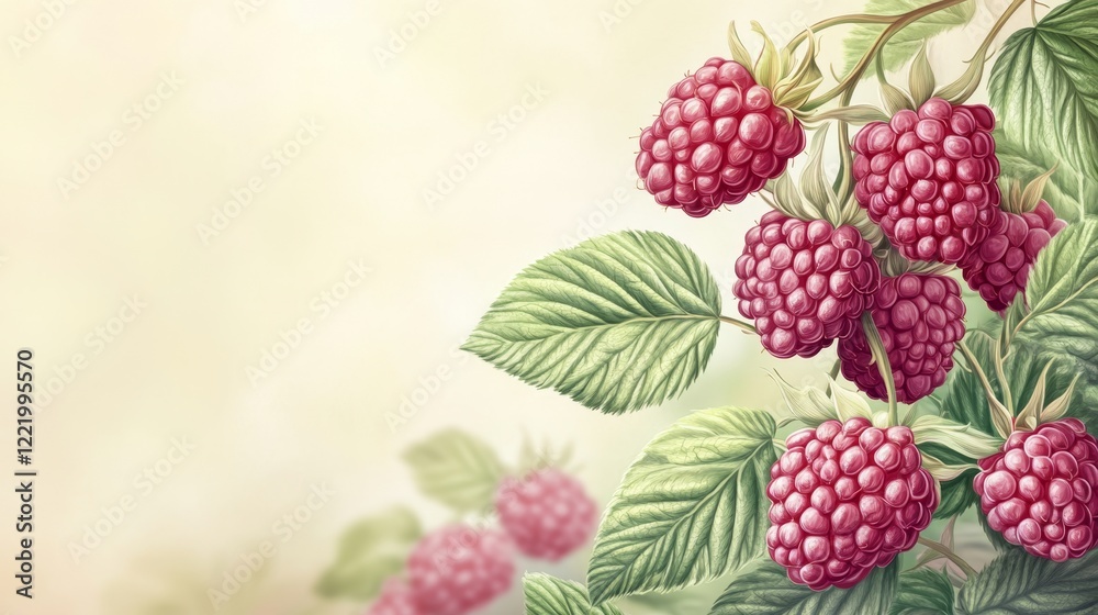 Detailed Illustration of a Raspberry Bush with Lush Red Berries Detailed Illustration of a Raspberry Bush with Lush Red Berries