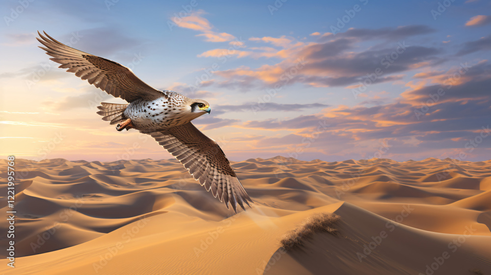 Naklejka premium A realistic Arabian falcon soaring in the sky, showcasing its intricate feathers and majestic wings.