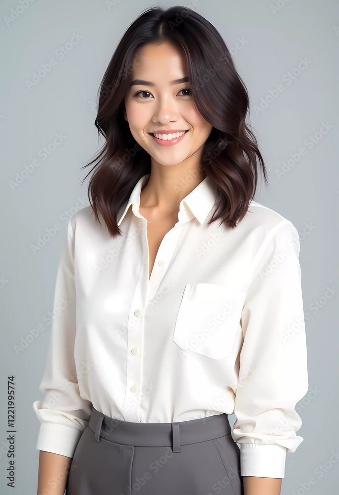 Professional Woman Smiling in Formal Outfit with Gray Background Professional Woman Smiling in Formal Outfit with Gray Background
