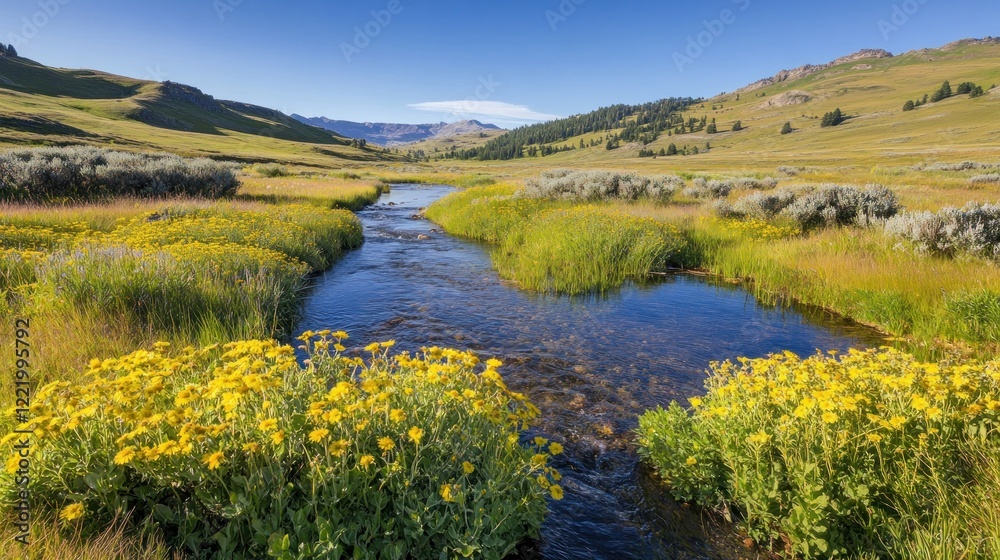 Fototapeta premium Serene mountain stream flows through wildflowers, sunny valley backdrop, nature scene, travel