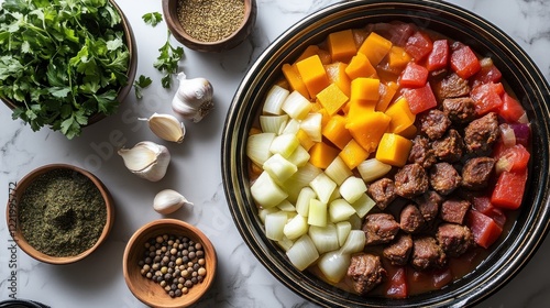 Overhead view of autumn stew ingredients prep on marble photo