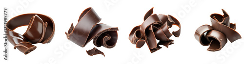 Four images showcase dark chocolate shavings in different curled and spiral shapes against a black background.