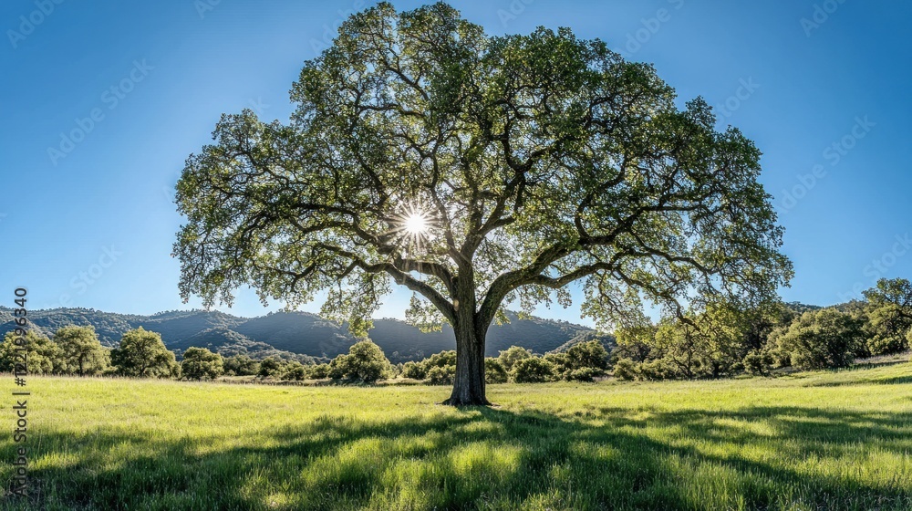 Sunlit oak tree in meadow, hills background, nature scene Sunlit oak tree in meadow, hills background, nature scene