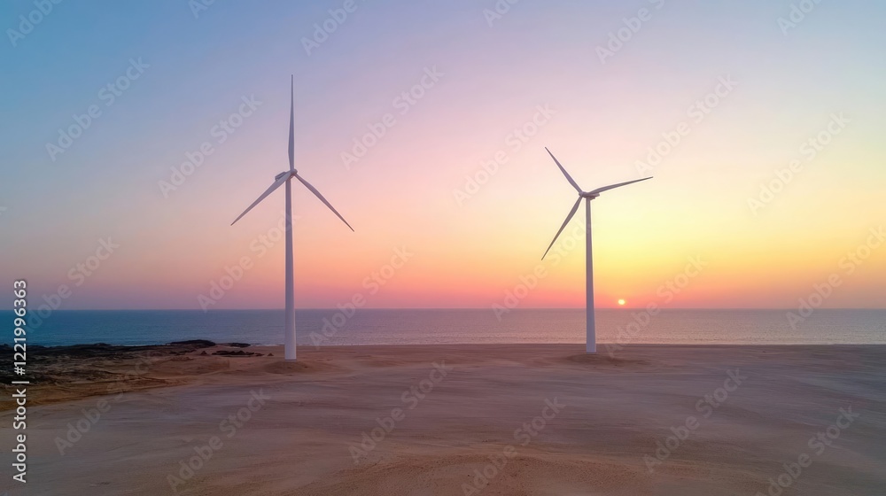 Obraz premium Two wind turbines stand on a coastal field at sunset, generating clean renewable energy.