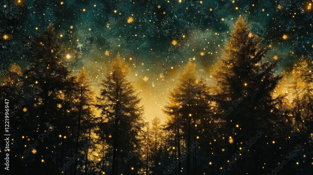 Naklejka premium Magical forest, starry night, glowing lights, fantasy, design