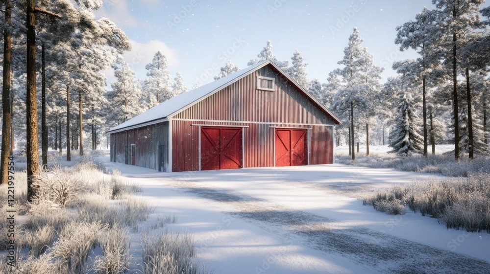 Red barn, snowy forest, winter landscape, sunrise, rural scene Red barn, snowy forest, winter landscape, sunrise, rural scene