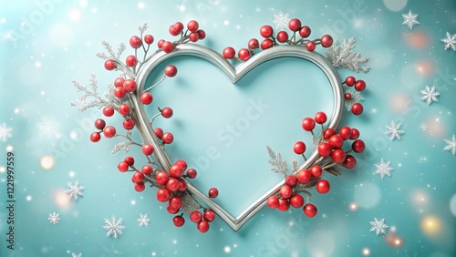 Silver Heart Frame with Red Berries and Winter Accents on a Light Blue Background