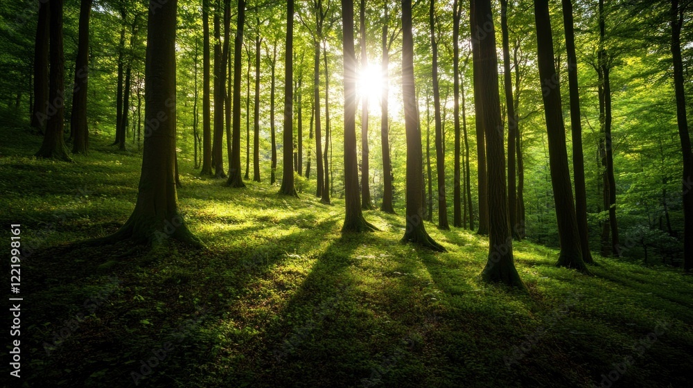 Fototapeta premium Sunlit forest path, trees, sunlight, shadows, nature, background, calmness, serenity, wallpaper, website