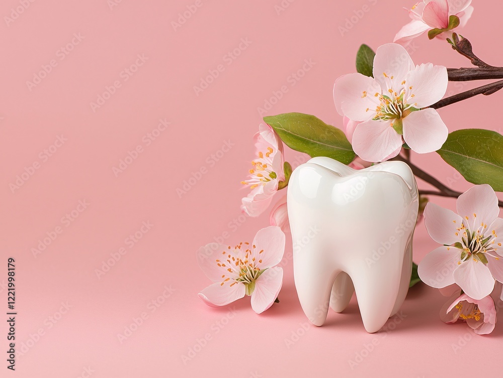 3D Human Tooth Anatomy concept. A white tooth surrounded by delicate pink flowers on a soft pink background, symbolizing dental health and care.