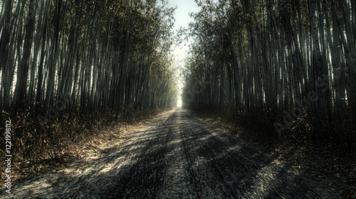 Sunlit dirt road through poplar grove, misty background, nature imagery