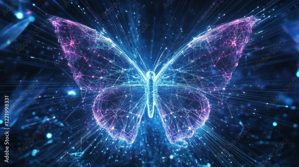 Obraz premium Digital butterfly, glowing, dark background, technology, abstract art