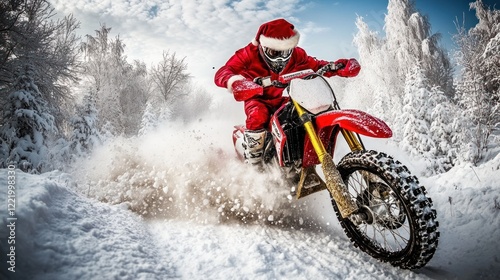 Santa motocross winter forest snow speed holiday