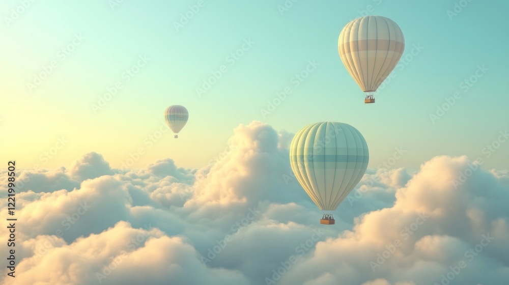 Fototapeta premium Hot air balloons soar above fluffy clouds at sunrise, peaceful travel concept