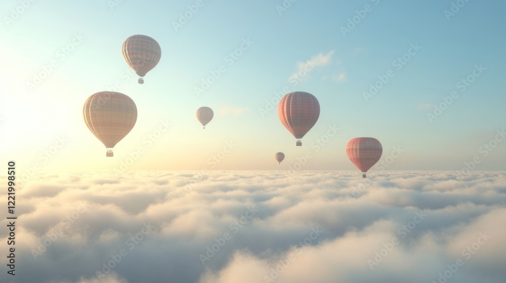 Fototapeta Hot air balloons soar above clouds at sunrise; travel, adventure concept (1)