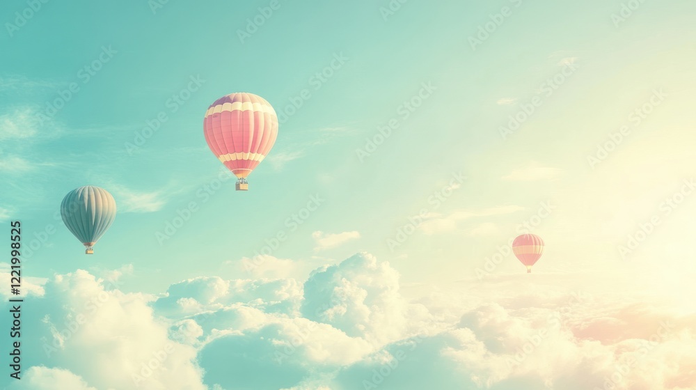Fototapeta premium Hot air balloons soar above fluffy clouds at sunrise, peaceful travel background