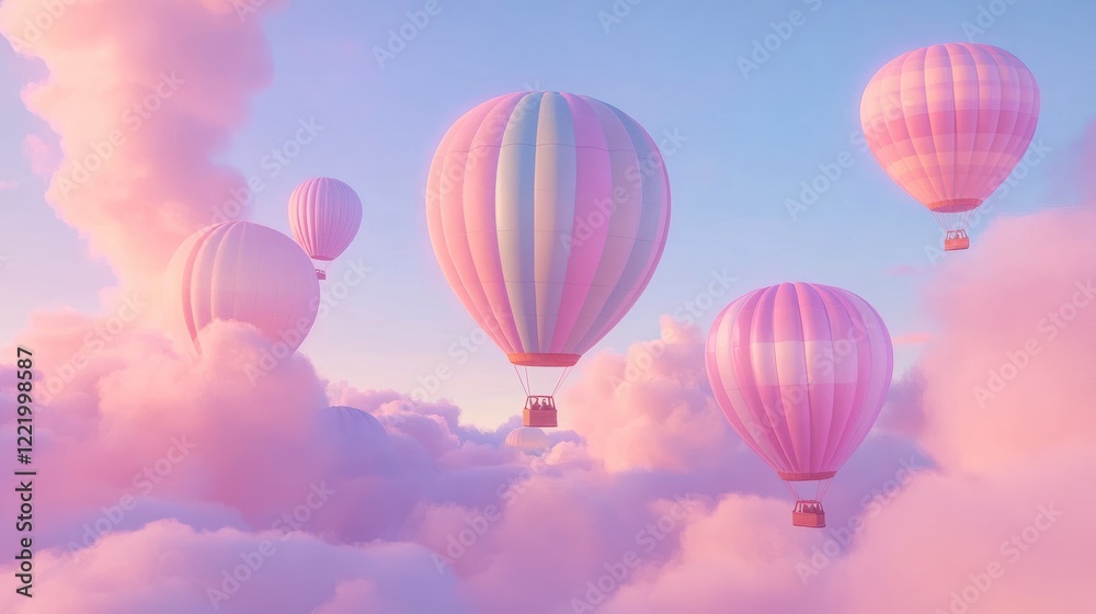 Obraz premium Pastel hot air balloons soar through dreamy pink cloudscape at sunset; travel, fantasy, adventure