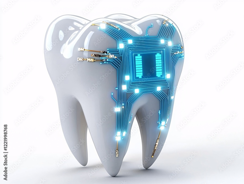 3D Human Tooth Anatomy concept. A futuristic tooth design with blue circuitry, symbolizing advanced dental technology and innovation in oral care.